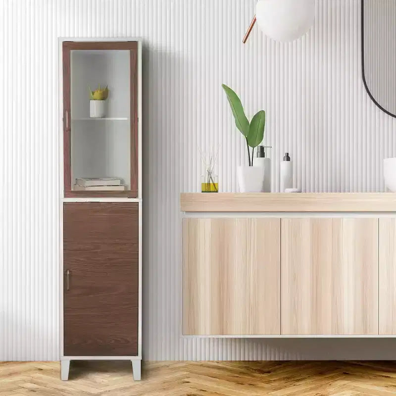 Tyler Two Tone Modern Wooden Linen Tower Cabinet Walnut/White - Elegant Home Fashions