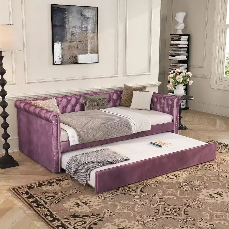 Upholstered Tufted Button Velvet Daybed with Trundle