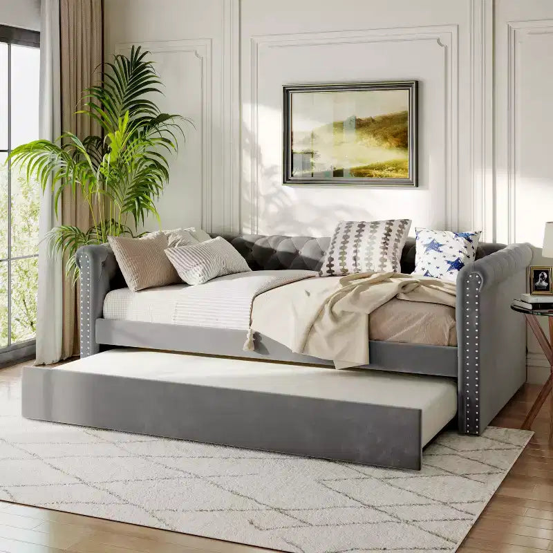 Upholstered Tufted Button Velvet Daybed with Trundle