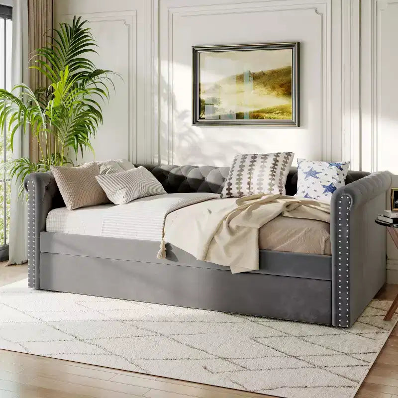 Upholstered Tufted Button Velvet Daybed with Trundle