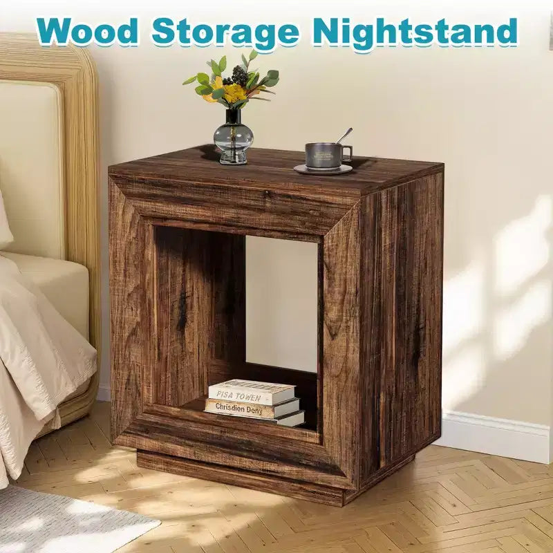 Rustic Walnut Finish Wood End Table,Heavy-Duty Nightstand with Ample Storage,Bedroom & Living Room Side Table