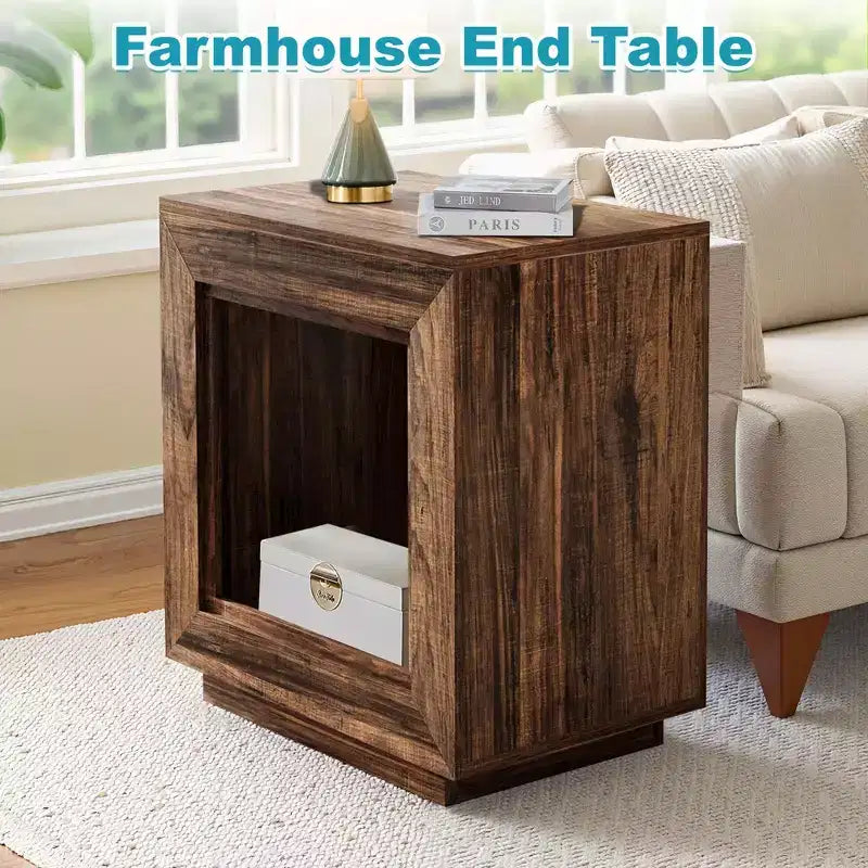 Rustic Walnut Finish Wood End Table,Heavy-Duty Nightstand with Ample Storage,Bedroom & Living Room Side Table