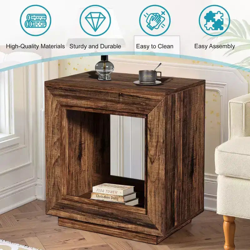 Rustic Walnut Finish Wood End Table,Heavy-Duty Nightstand with Ample Storage,Bedroom & Living Room Side Table