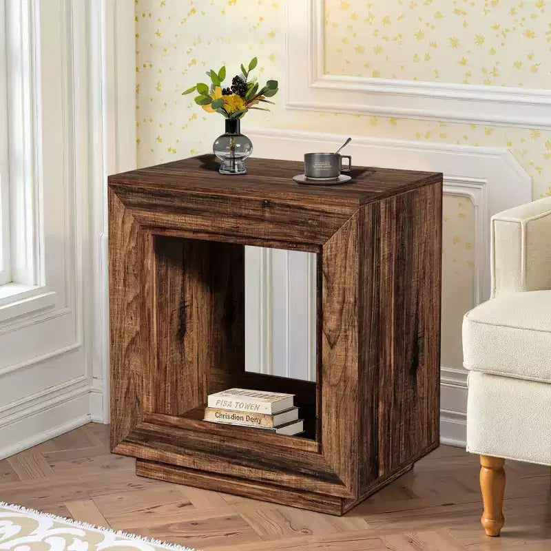Rustic Walnut Finish Wood End Table,Heavy-Duty Nightstand with Ample Storage,Bedroom & Living Room Side Table
