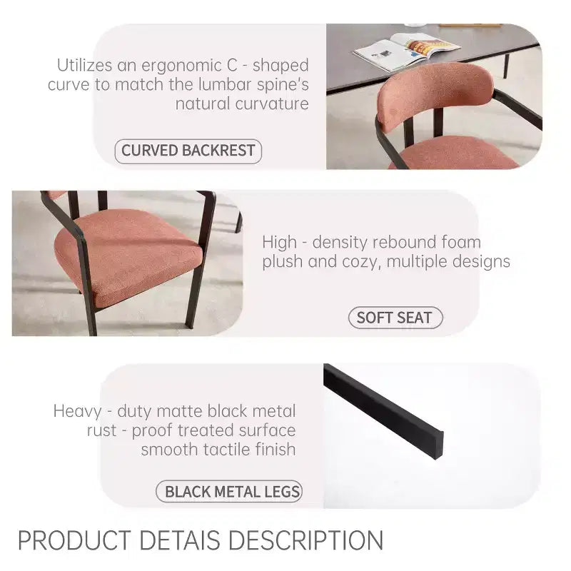 2 PCS Kitchen Chairs with Matte Metal Legs,Boucle Dining Chairs with Open & Curved Backrest,Ergonomic Dining Room Chairs for Living Room
