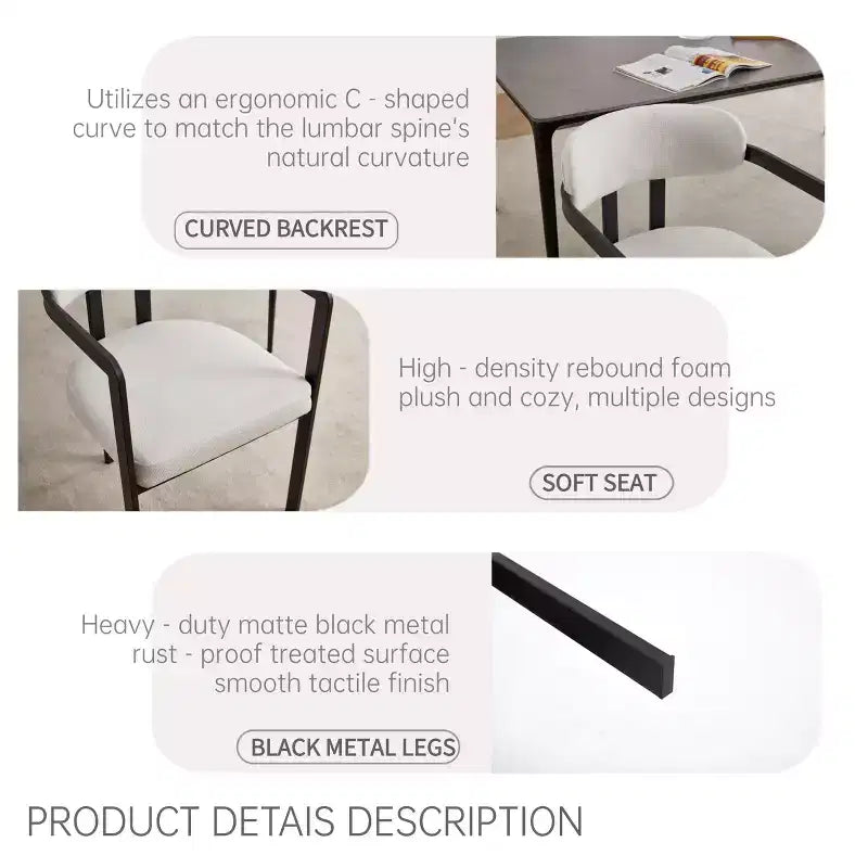 2 PCS Kitchen Chairs with Matte Metal Legs,Boucle Dining Chairs with Open & Curved Backrest,Ergonomic Dining Room Chairs for Living Room