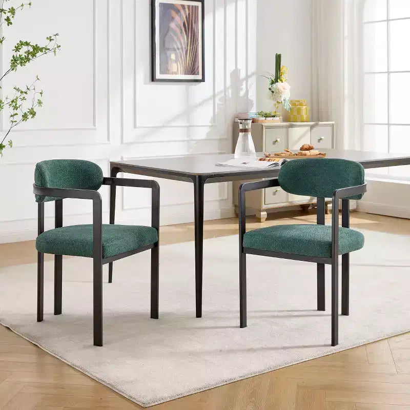 2 PCS Kitchen Chairs with Matte Metal Legs,Boucle Dining Chairs with Open & Curved Backrest,Ergonomic Dining Room Chairs for Living Room