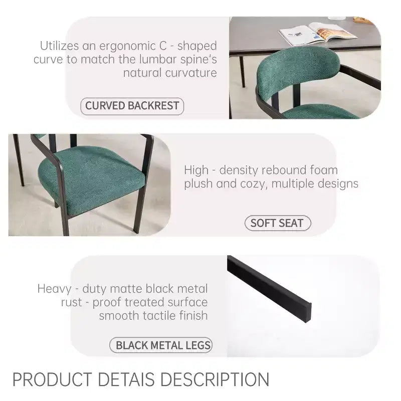 2 PCS Kitchen Chairs with Matte Metal Legs,Boucle Dining Chairs with Open & Curved Backrest,Ergonomic Dining Room Chairs for Living Room