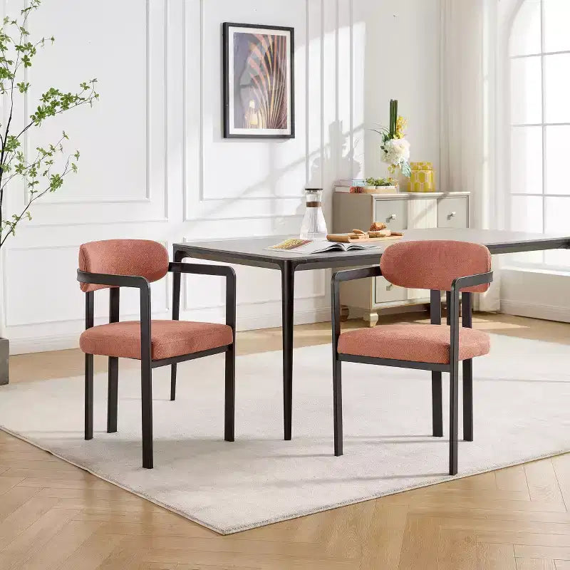 2 PCS Kitchen Chairs with Matte Metal Legs,Boucle Dining Chairs with Open & Curved Backrest,Ergonomic Dining Room Chairs for Living Room