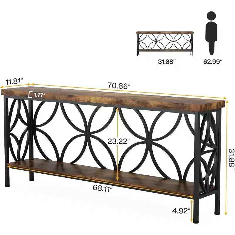 70.9-Inch Narrow Sofa Table, Industrial Long Sofa Table Behind Couch with Storage for Entryway, Living Room, Foyer, Rustic Brown