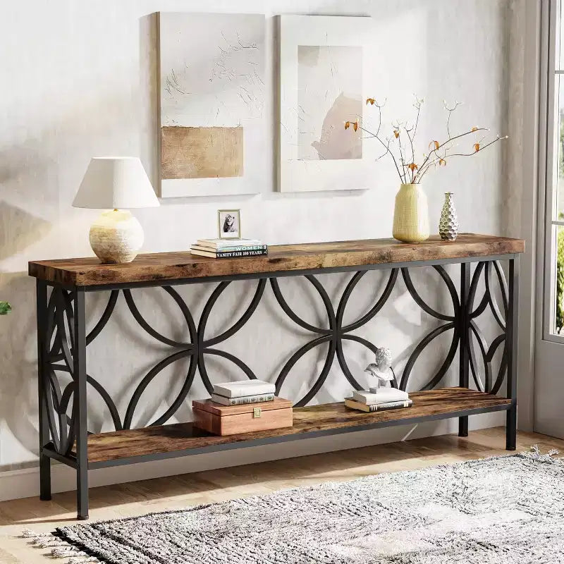 70.9-Inch Narrow Sofa Table, Industrial Long Sofa Table Behind Couch with Storage for Entryway, Living Room, Foyer, Rustic Brown