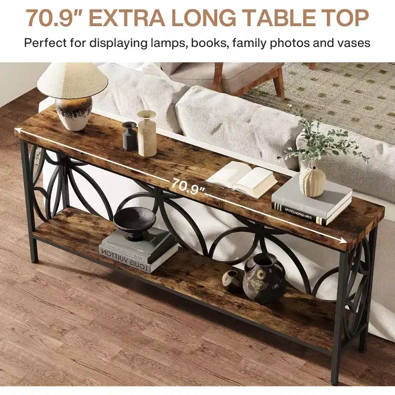 70.9-Inch Narrow Sofa Table, Industrial Long Sofa Table Behind Couch with Storage for Entryway, Living Room, Foyer, Rustic Brown