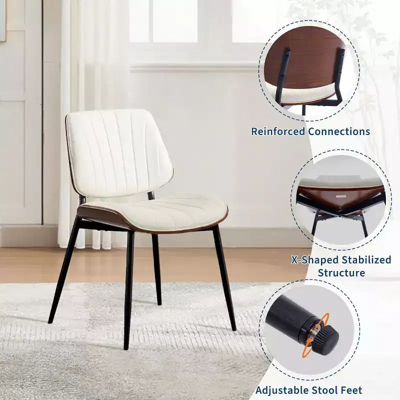 Four-person dining chair, with leather seat cushion, walnut backrest and metal legs. Suitable for kitchen and dining room. White stripes