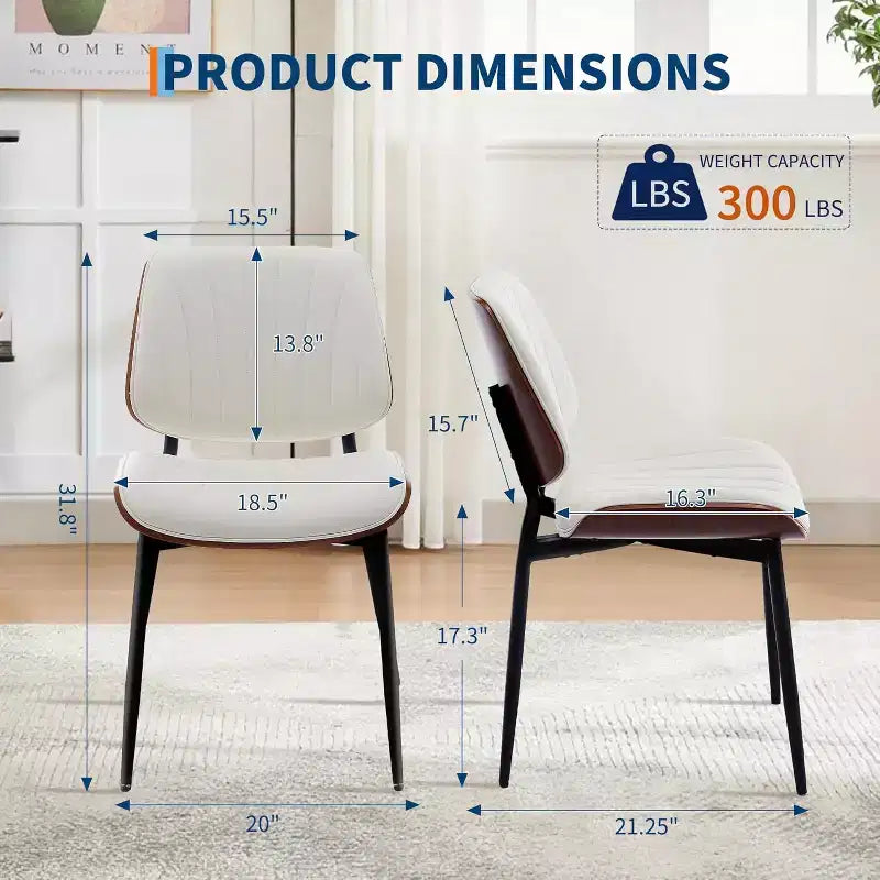 Four-person dining chair, with leather seat cushion, walnut backrest and metal legs. Suitable for kitchen and dining room. White stripes