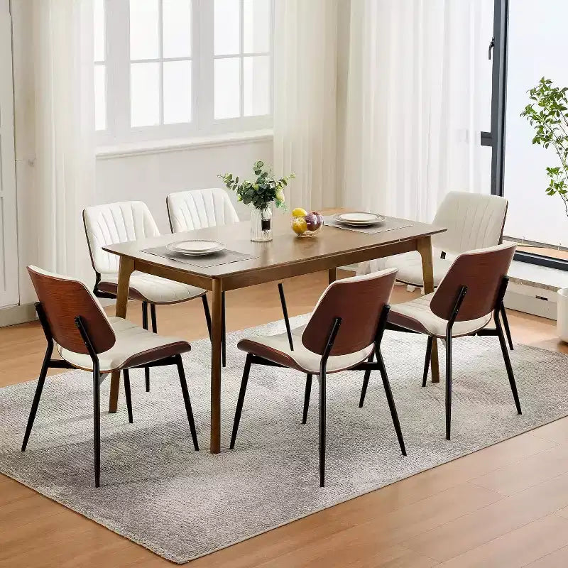 Four-person dining chair, with leather seat cushion, walnut backrest and metal legs. Suitable for kitchen and dining room. White stripes