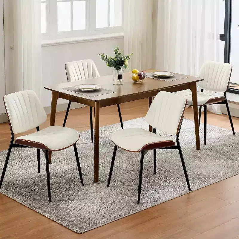 Four-person dining chair, with leather seat cushion, walnut backrest and metal legs. Suitable for kitchen and dining room. White stripes