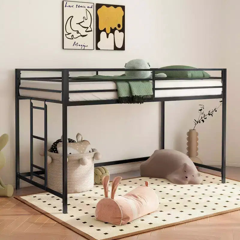 Twin Size Black Junior Loft Metal Bed - Space-Saving, Ladder, Guardrails, 350LBS Capacity (CPC Certified)