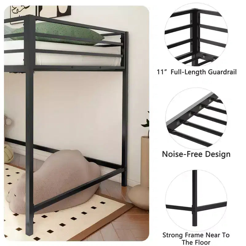 Twin Size Black Junior Loft Metal Bed - Space-Saving, Ladder, Guardrails, 350LBS Capacity (CPC Certified)