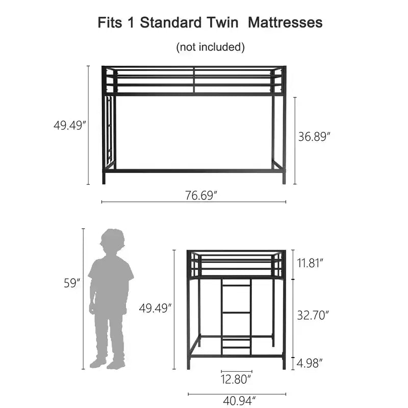 Twin Size Black Junior Loft Metal Bed - Space-Saving, Ladder, Guardrails, 350LBS Capacity (CPC Certified)