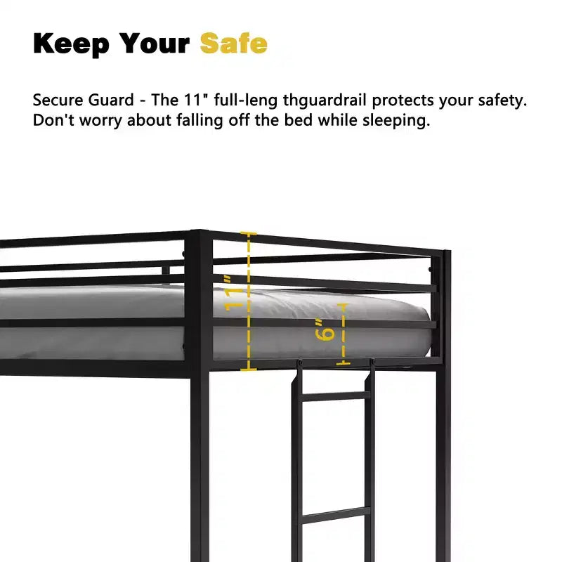 Twin Size Black Junior Loft Metal Bed - Space-Saving, Ladder, Guardrails, 350LBS Capacity (CPC Certified)