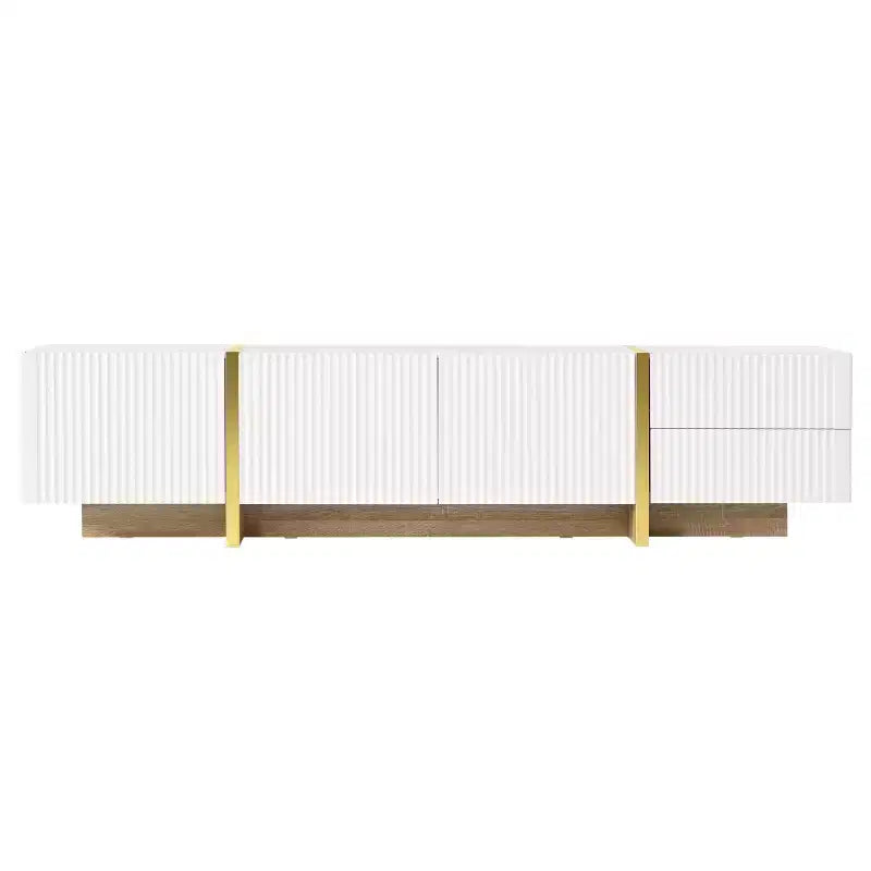 74Luxury Fluted TV Stand for 80 TVs, White Media Console w/ Storage Cabinets/Drawers & Golden Wood Grain Legs