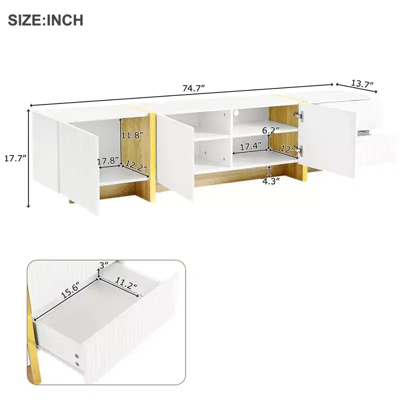 74Luxury Fluted TV Stand for 80 TVs, White Media Console w/ Storage Cabinets/Drawers & Golden Wood Grain Legs
