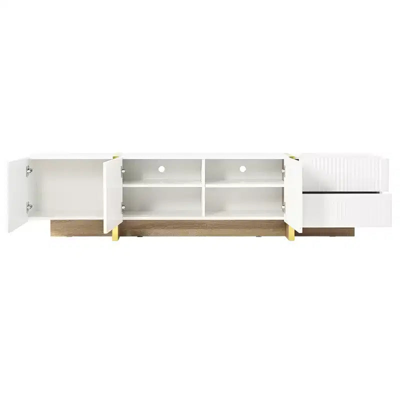 74Luxury Fluted TV Stand for 80 TVs, White Media Console w/ Storage Cabinets/Drawers & Golden Wood Grain Legs