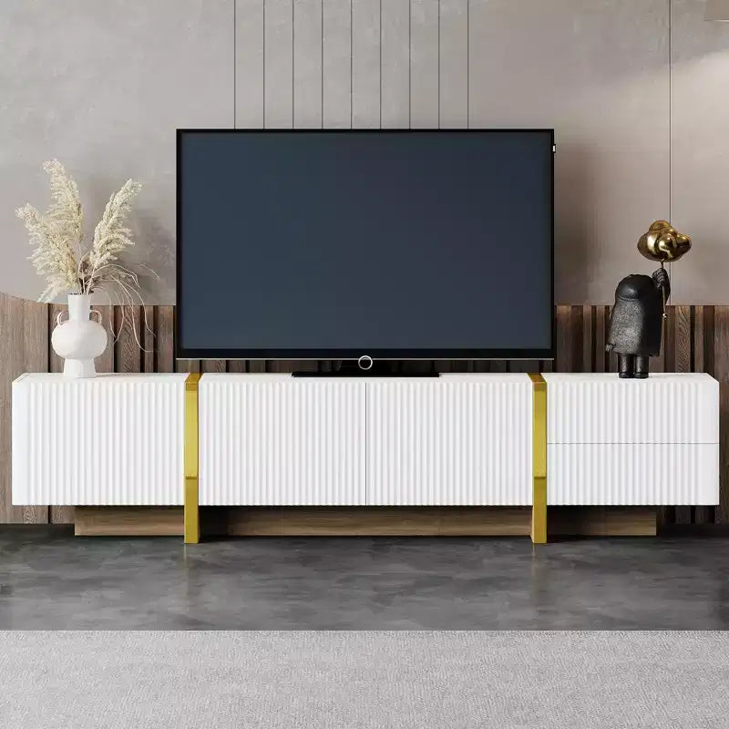74Luxury Fluted TV Stand for 80 TVs, White Media Console w/ Storage Cabinets/Drawers & Golden Wood Grain Legs