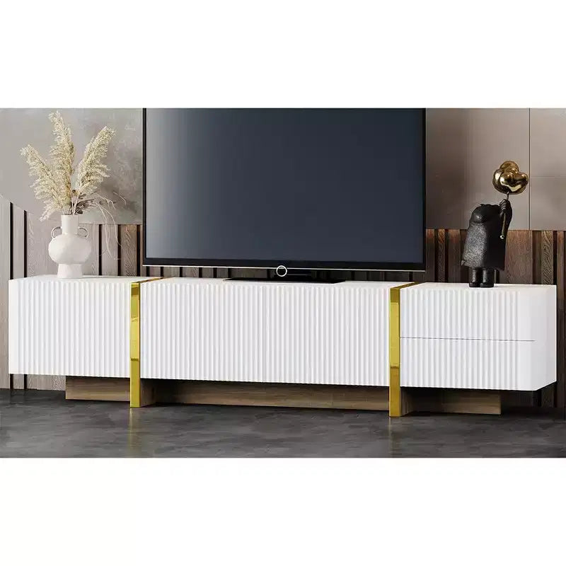 74Luxury Fluted TV Stand for 80 TVs, White Media Console w/ Storage Cabinets/Drawers & Golden Wood Grain Legs