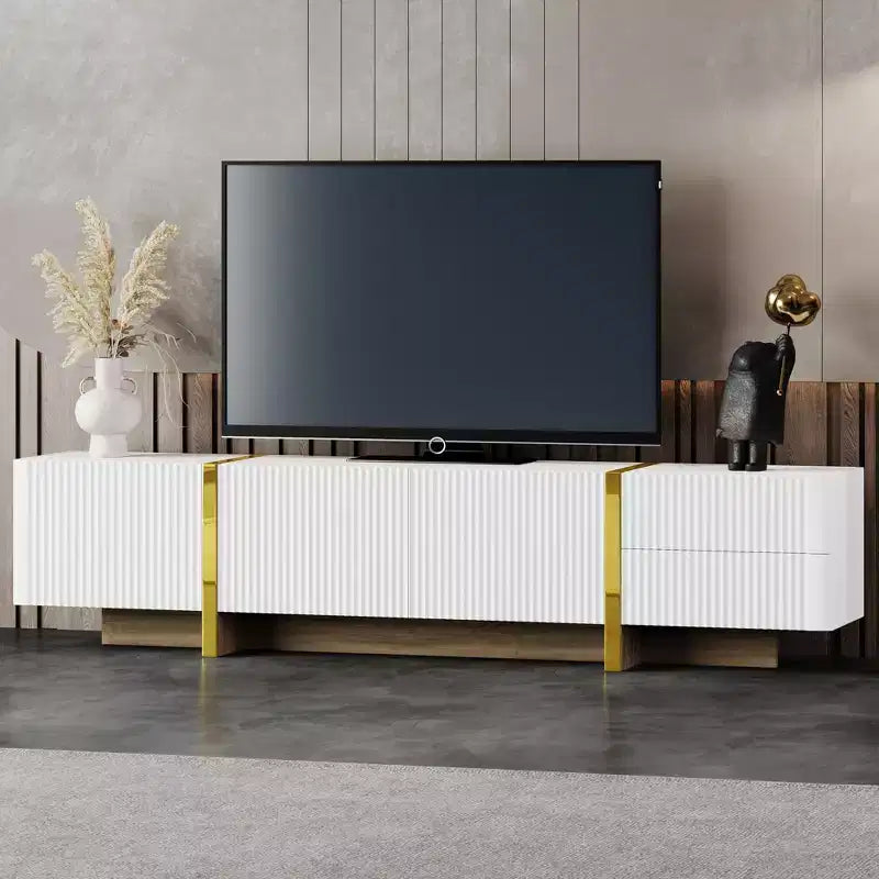74Luxury Fluted TV Stand for 80 TVs, White Media Console w/ Storage Cabinets/Drawers & Golden Wood Grain Legs