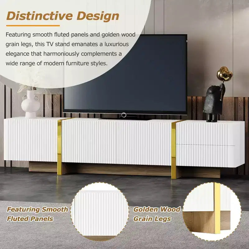74Luxury Fluted TV Stand for 80 TVs, White Media Console w/ Storage Cabinets/Drawers & Golden Wood Grain Legs