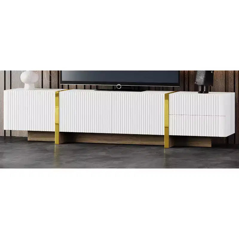 74Luxury Fluted TV Stand for 80 TVs, White Media Console w/ Storage Cabinets/Drawers & Golden Wood Grain Legs