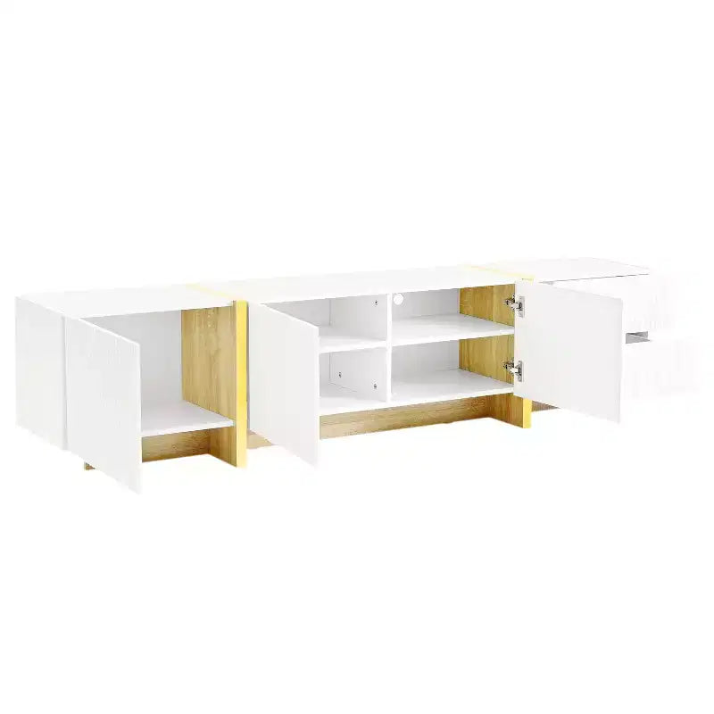 74Luxury Fluted TV Stand for 80 TVs, White Media Console w/ Storage Cabinets/Drawers & Golden Wood Grain Legs