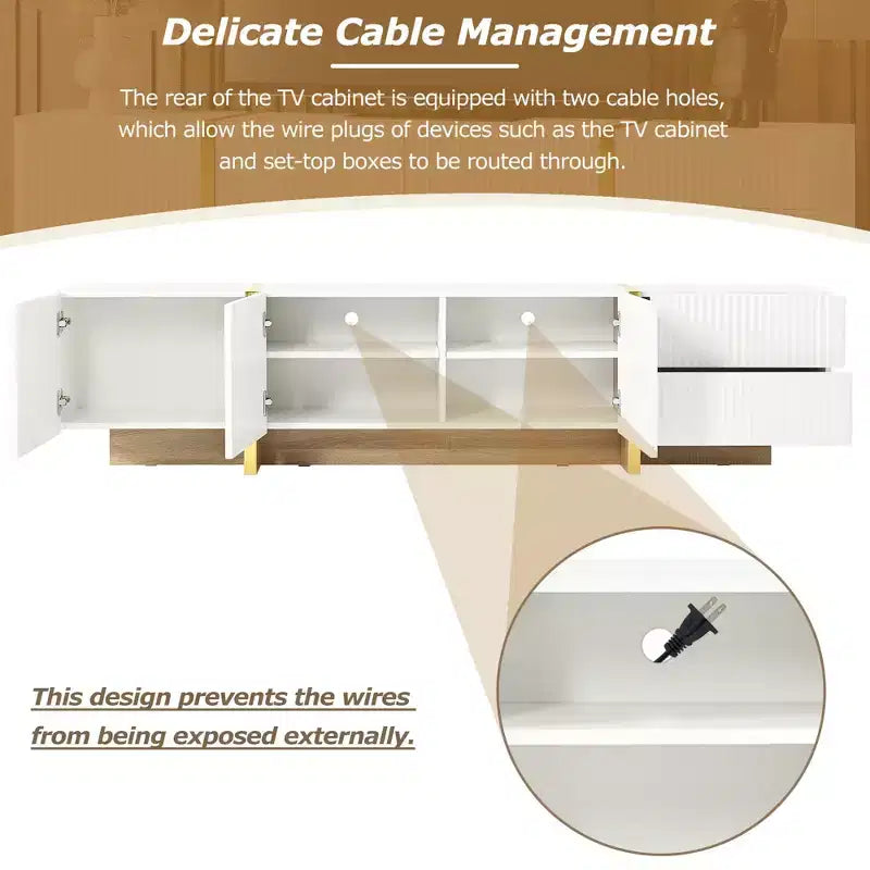 74Luxury Fluted TV Stand for 80 TVs, White Media Console w/ Storage Cabinets/Drawers & Golden Wood Grain Legs