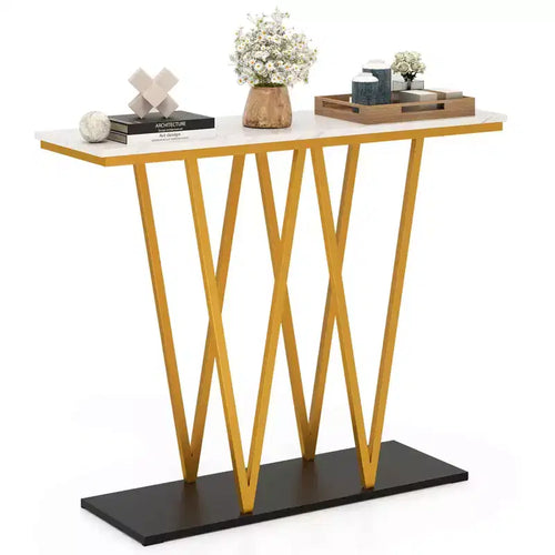 40 Gold Entryway Table with Faux Marble Table & Metal Frame, Storage Base, White