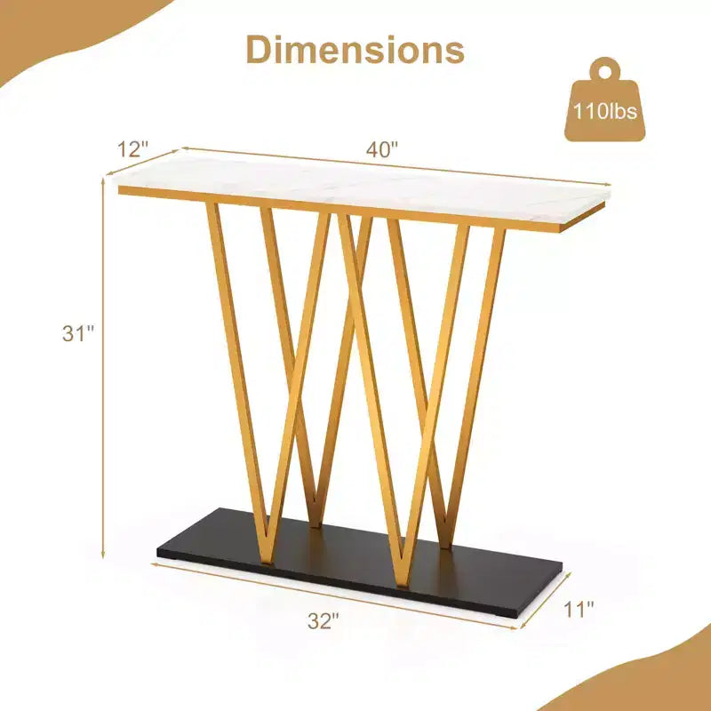 40 Gold Entryway Table with Faux Marble Table & Metal Frame, Storage Base, White