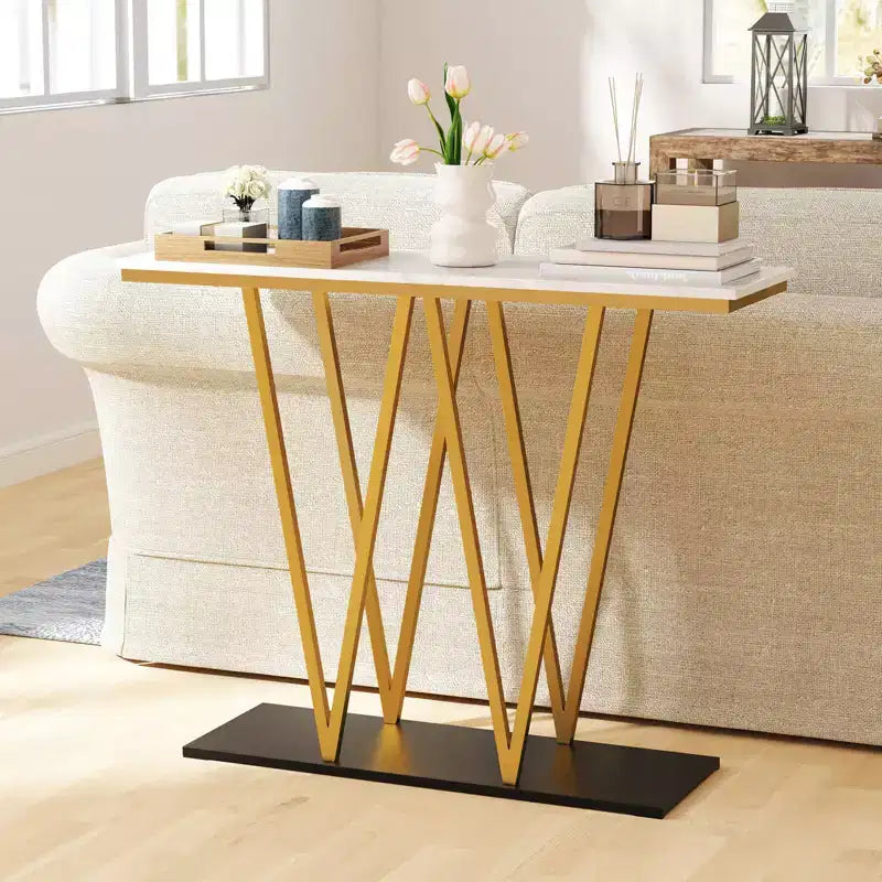 40 Gold Entryway Table with Faux Marble Table & Metal Frame, Storage Base, White