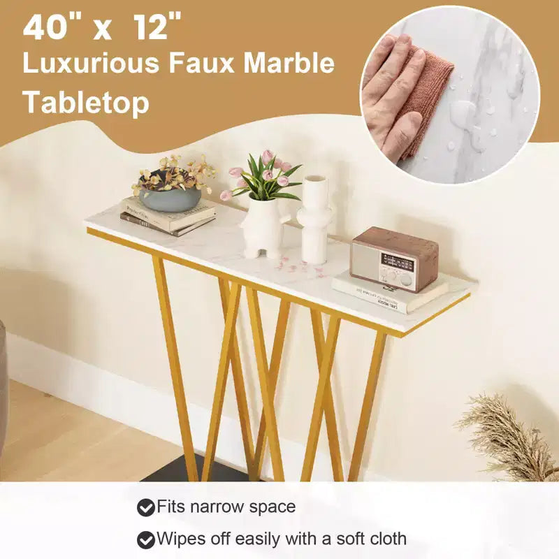 40 Gold Entryway Table with Faux Marble Table & Metal Frame, Storage Base, White