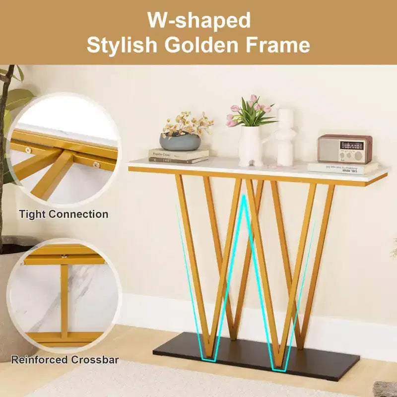 40 Gold Entryway Table with Faux Marble Table & Metal Frame, Storage Base, White