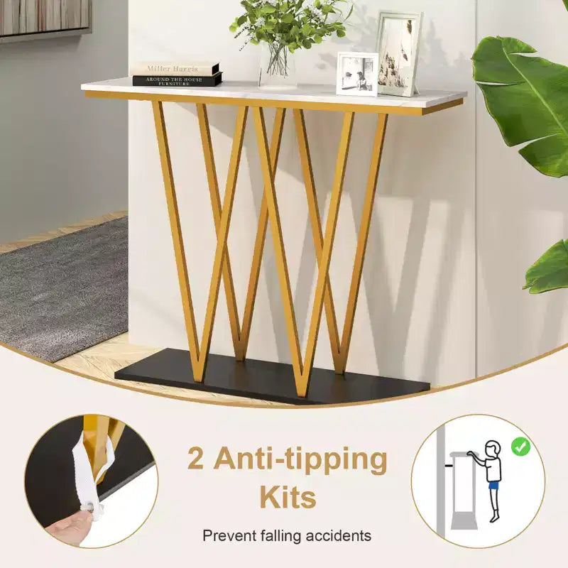 40 Gold Entryway Table with Faux Marble Table & Metal Frame, Storage Base, White