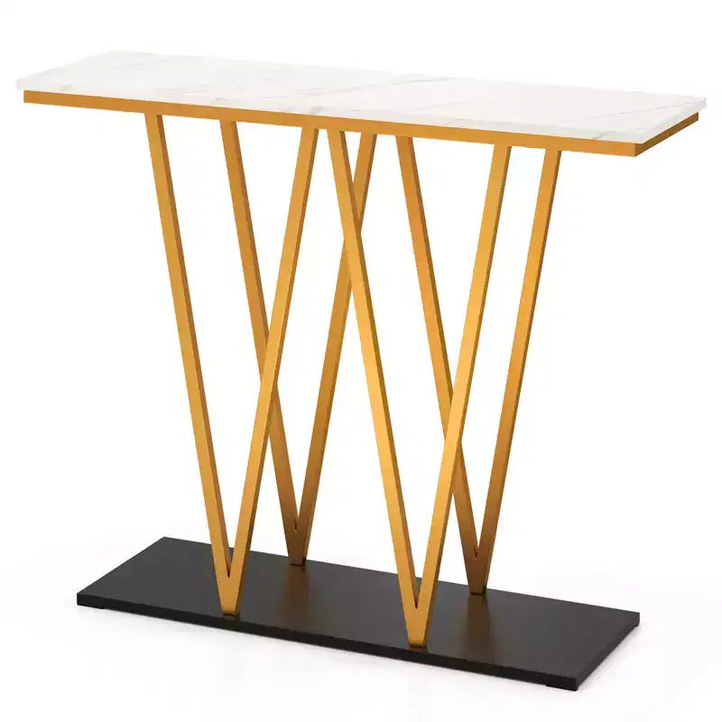 40 Gold Entryway Table with Faux Marble Table & Metal Frame, Storage Base, White