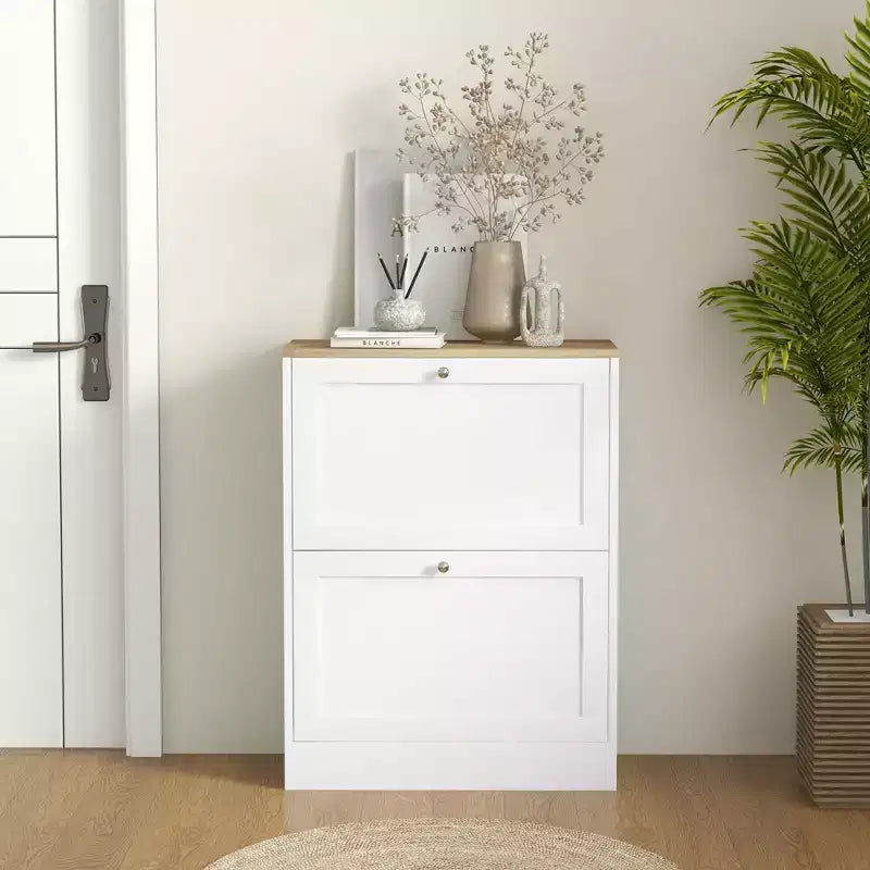 Slim Shoe Cabinet for Entryway, Modern Hidden Shoe Storage Cabinet with 2 Flip Drawers and Adjustable Shelves for 8-12 Pairs of Shoes
