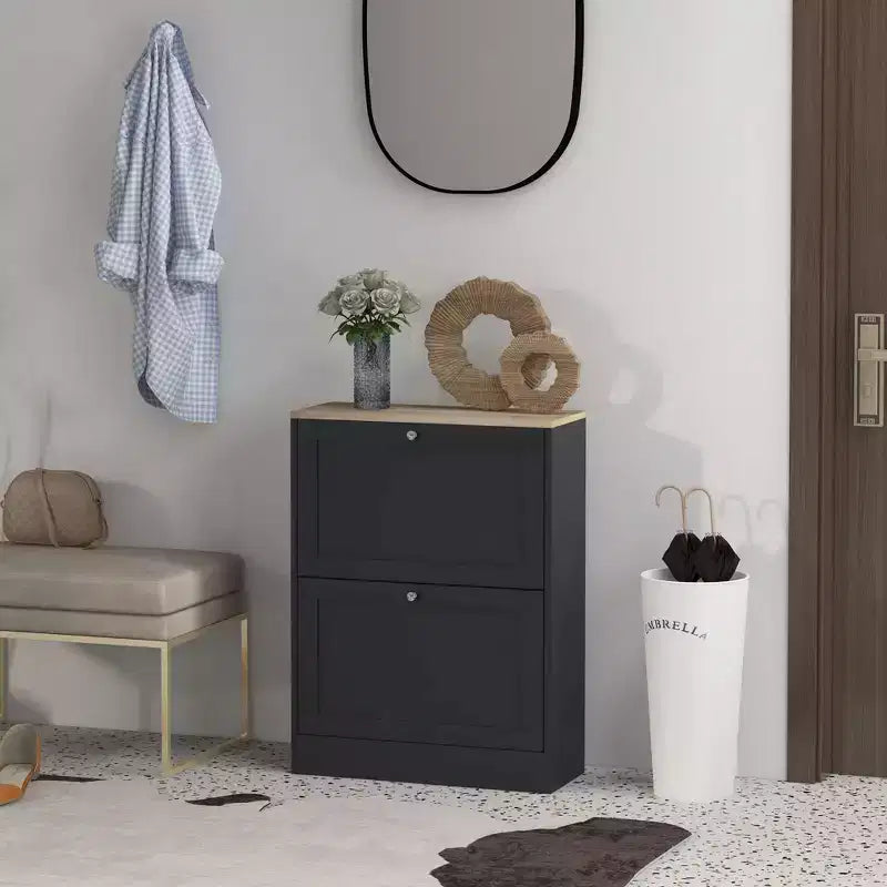 Slim Shoe Cabinet for Entryway, Modern Hidden Shoe Storage Cabinet with 2 Flip Drawers and Adjustable Shelves for 8-12 Pairs of Shoes