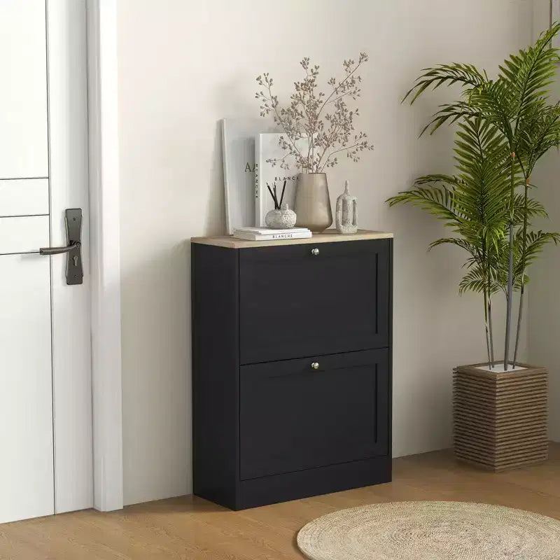 Slim Shoe Cabinet for Entryway, Modern Hidden Shoe Storage Cabinet with 2 Flip Drawers and Adjustable Shelves for 8-12 Pairs of Shoes
