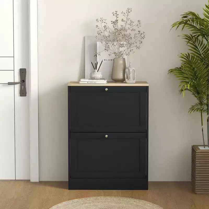 Slim Shoe Cabinet for Entryway, Modern Hidden Shoe Storage Cabinet with 2 Flip Drawers and Adjustable Shelves for 8-12 Pairs of Shoes