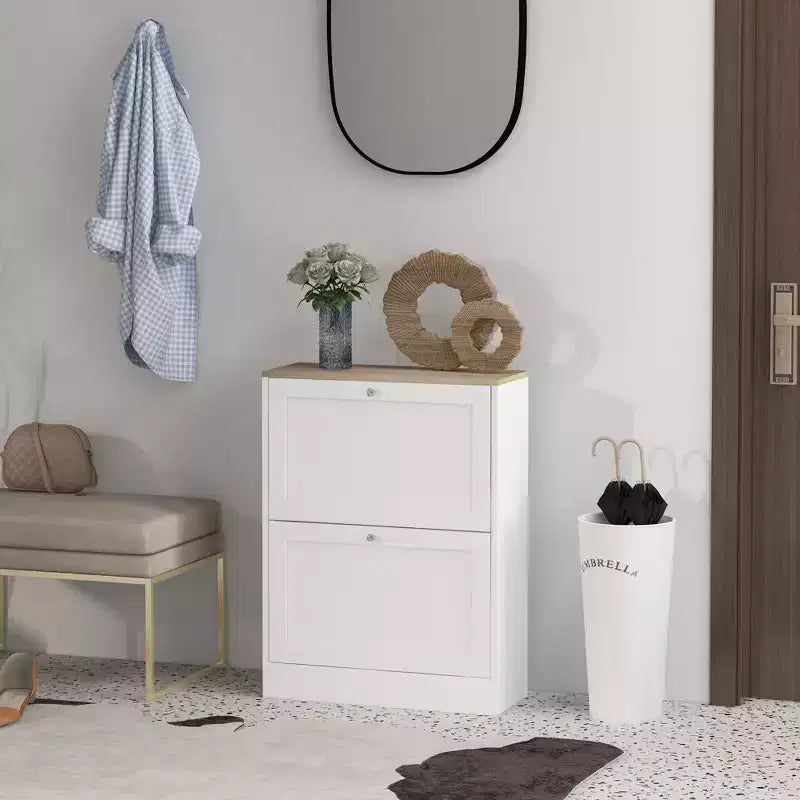 Slim Shoe Cabinet for Entryway, Modern Hidden Shoe Storage Cabinet with 2 Flip Drawers and Adjustable Shelves for 8-12 Pairs of Shoes