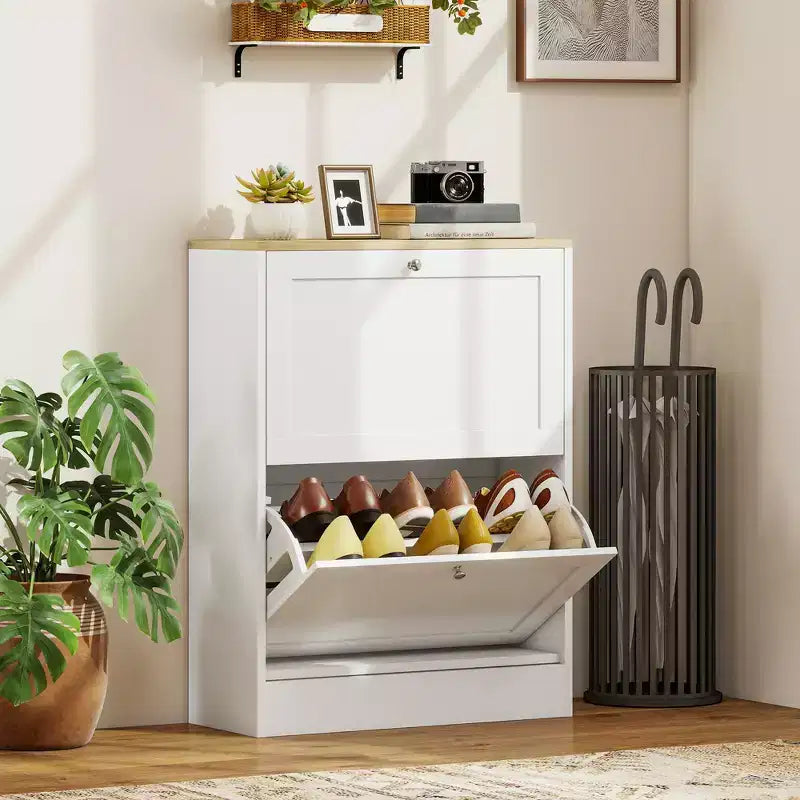 Slim Shoe Cabinet for Entryway, Modern Hidden Shoe Storage Cabinet with 2 Flip Drawers and Adjustable Shelves for 8-12 Pairs of Shoes