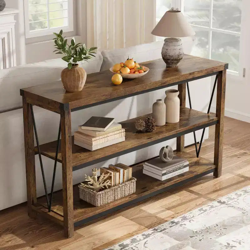 47 Narrow Long Console Table with Storage, 3 Tier Wood Console Table, Farmhouse Entryway Table