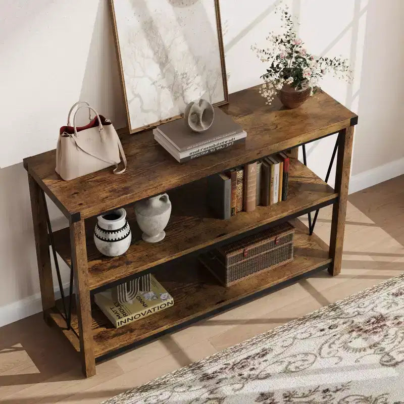 47 Narrow Long Console Table with Storage, 3 Tier Wood Console Table, Farmhouse Entryway Table
