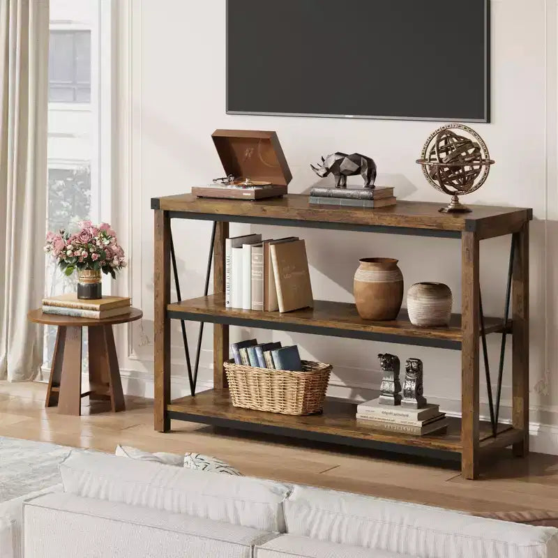 47 Narrow Long Console Table with Storage, 3 Tier Wood Console Table, Farmhouse Entryway Table